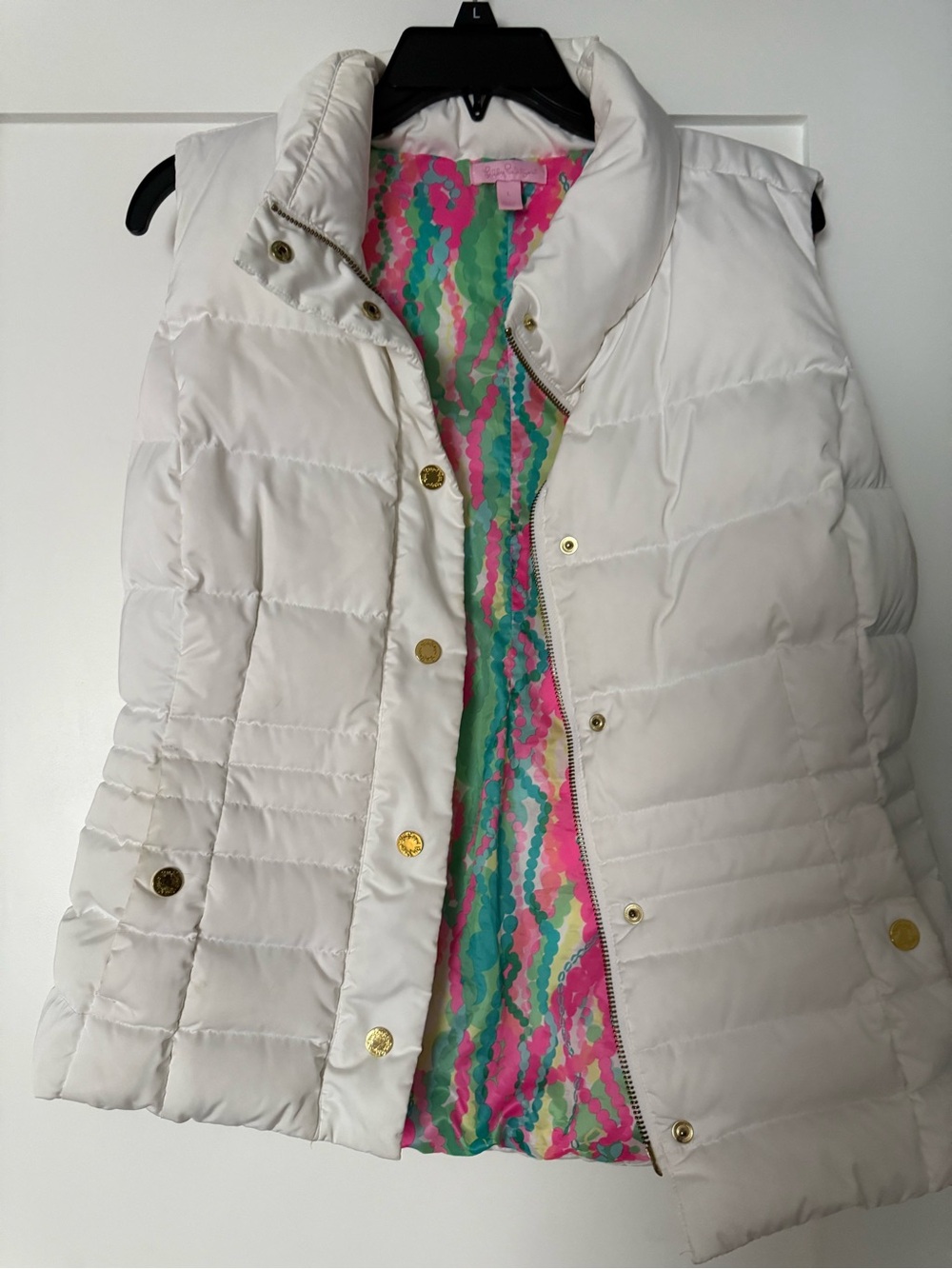 Lilly Pulitzer Cream Puffer Vest with Pink, Green, Blue Lining